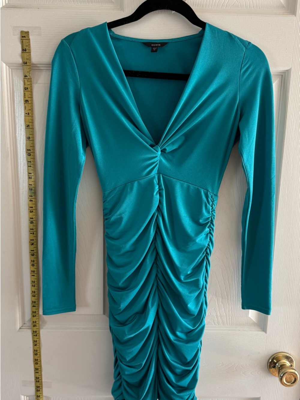 Guess Teal Ruched V-Neck Long Sleeve Dress
